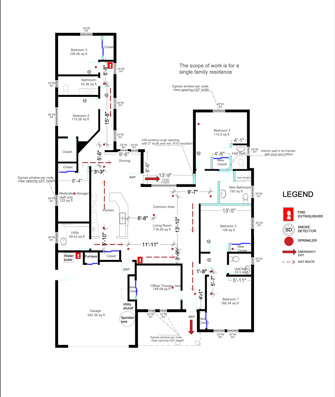 Permit floor plan with egress, fire and code annotations