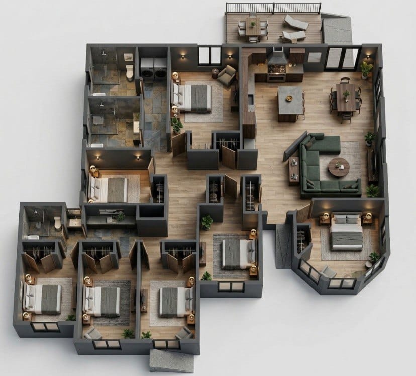3D cutaway render of a residential floor plan
